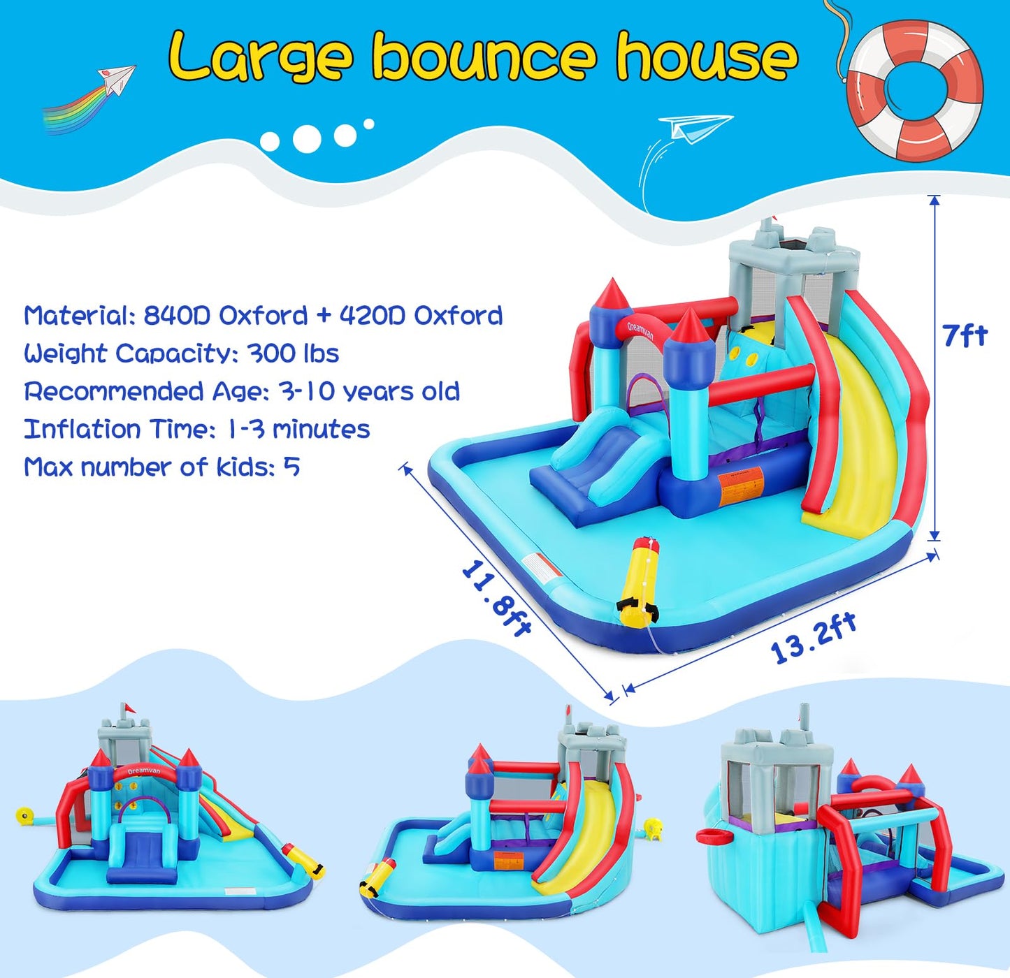 Wesoky Bounce House Water Slide for Kids, 10 in 1 Big Waterslide Inflatable Water Park with Splash Pool Long Slide Sprinkler Blower, Blow up Water