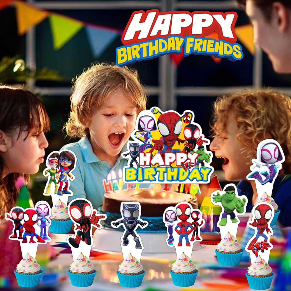 25pcs Spider and His Friends Cake Decorations with 24pcs Cupcake Toppers, 1pcs Cake Topper for Wrestling Birthday Party Supplies
