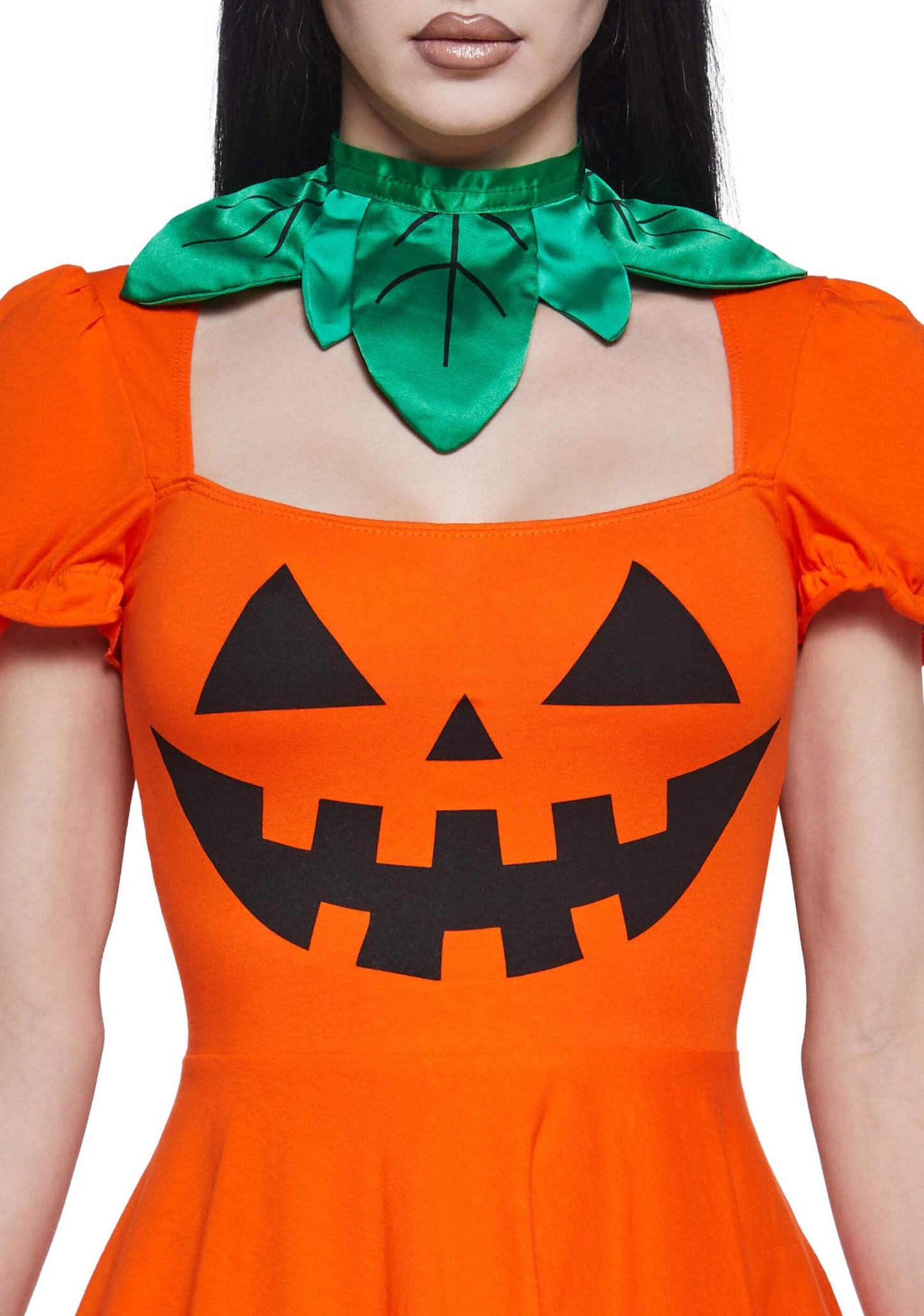 Dolls Kill Pumpkin Dress by Trickz N’ Treatz - Women’s Orange Jack-O’-Lantern Mini Dress with Puff Sleeves & Leaf Collar, Orange, X-Small
