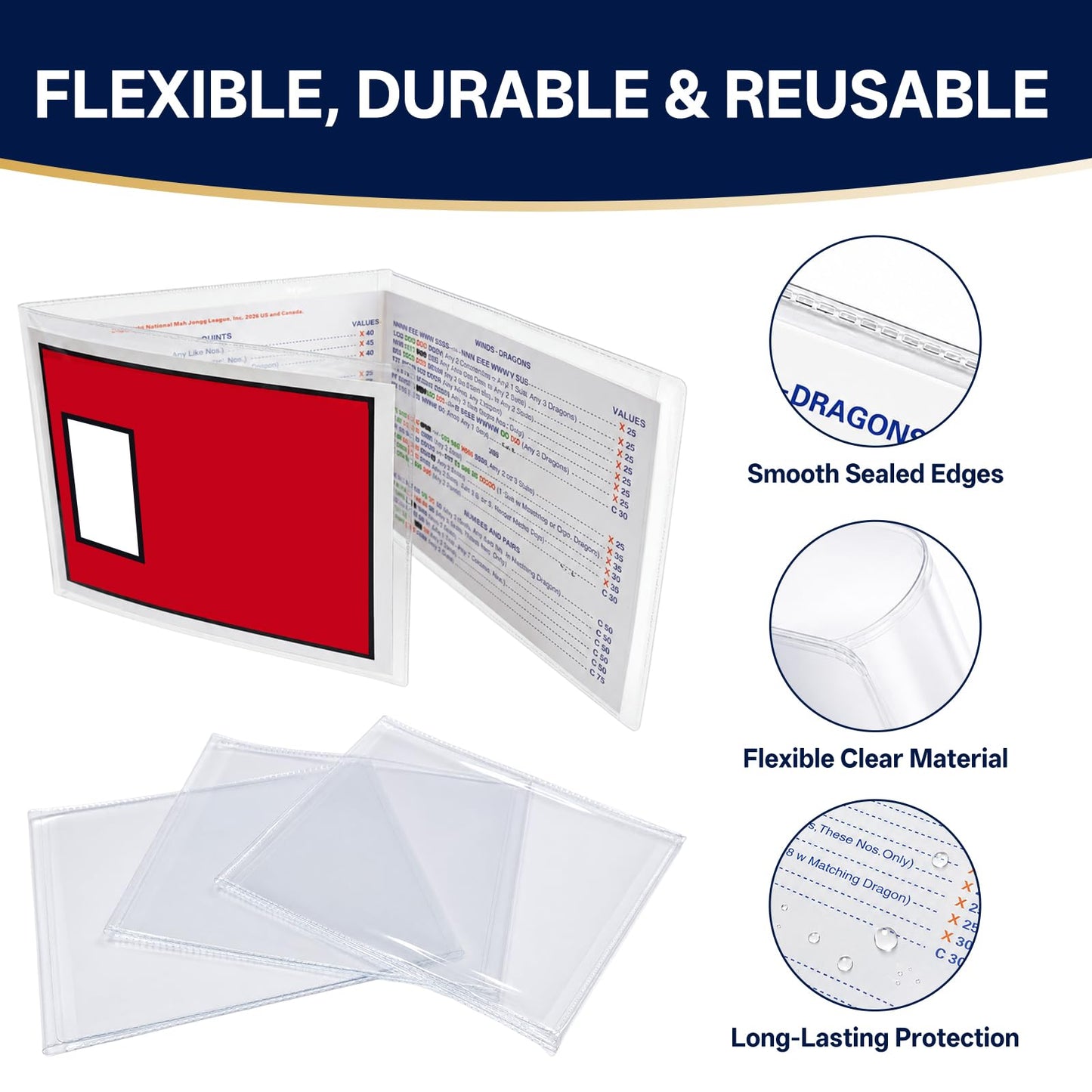 Wetrxily Mahjong Card Sleeves, 4 Pack Clear Protective Covers for Large Size American Mahjong Score Cards, Fits 6 1/8" x 4 3/4",Easy to Insert and