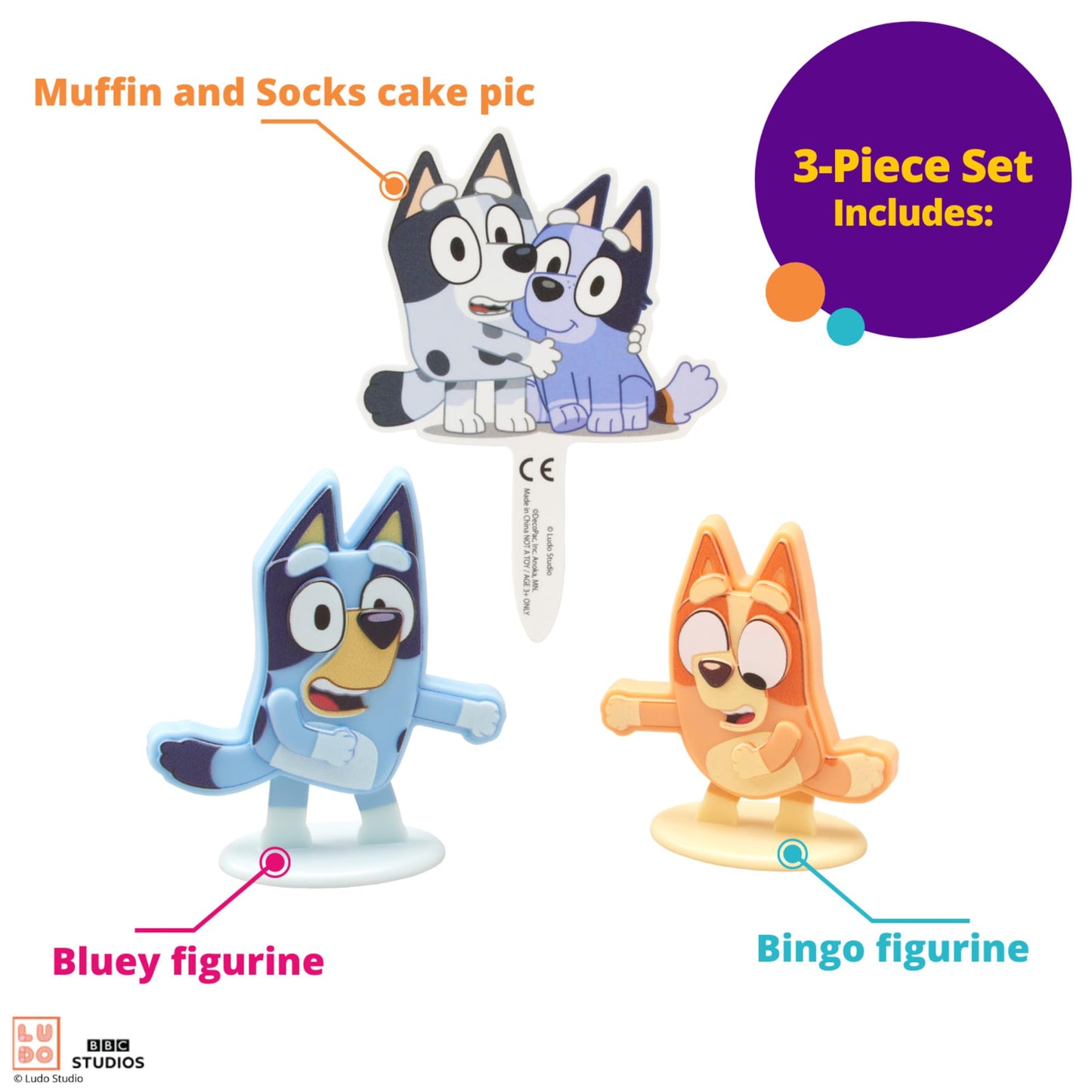 DecoSet® Bluey Dance Mode Cake Toppers, 3 Piece Cake Decoration With Bluey And Bingo Figurines and Muffin & Socks Poly Pic, For Birthday, Parties