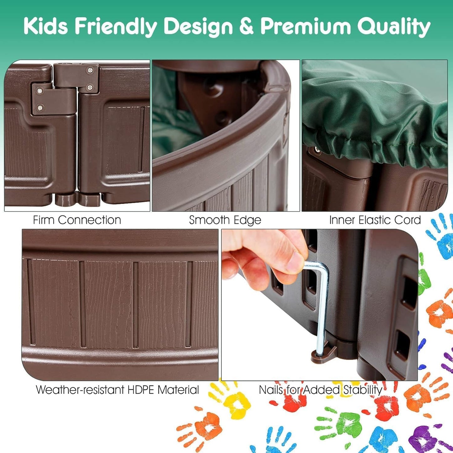 Costzon Round Kids Sandbox with Cover, HDPE Sand Pit w/Detachable Built-in Seating & Bottom Liner for Backyard, Garden, Beach, Lawn, Outdoor Sand Box
