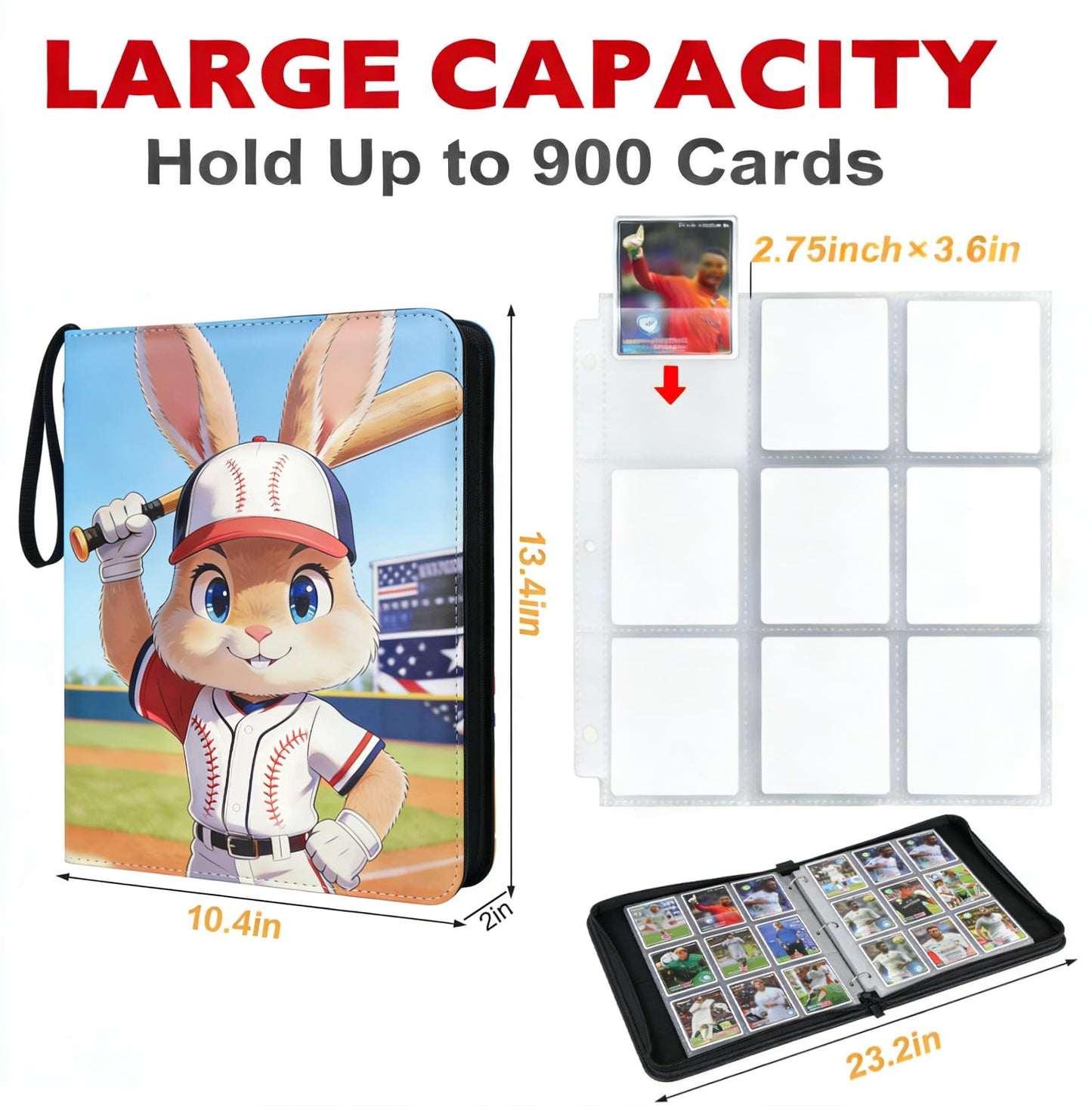 BPQWLF 9-Pocket Trading Card Binder 900 Pockets, Cute Bunny Cartoon PU Leather Card Album with 50 Removable Sleeves for Sports/Baseball