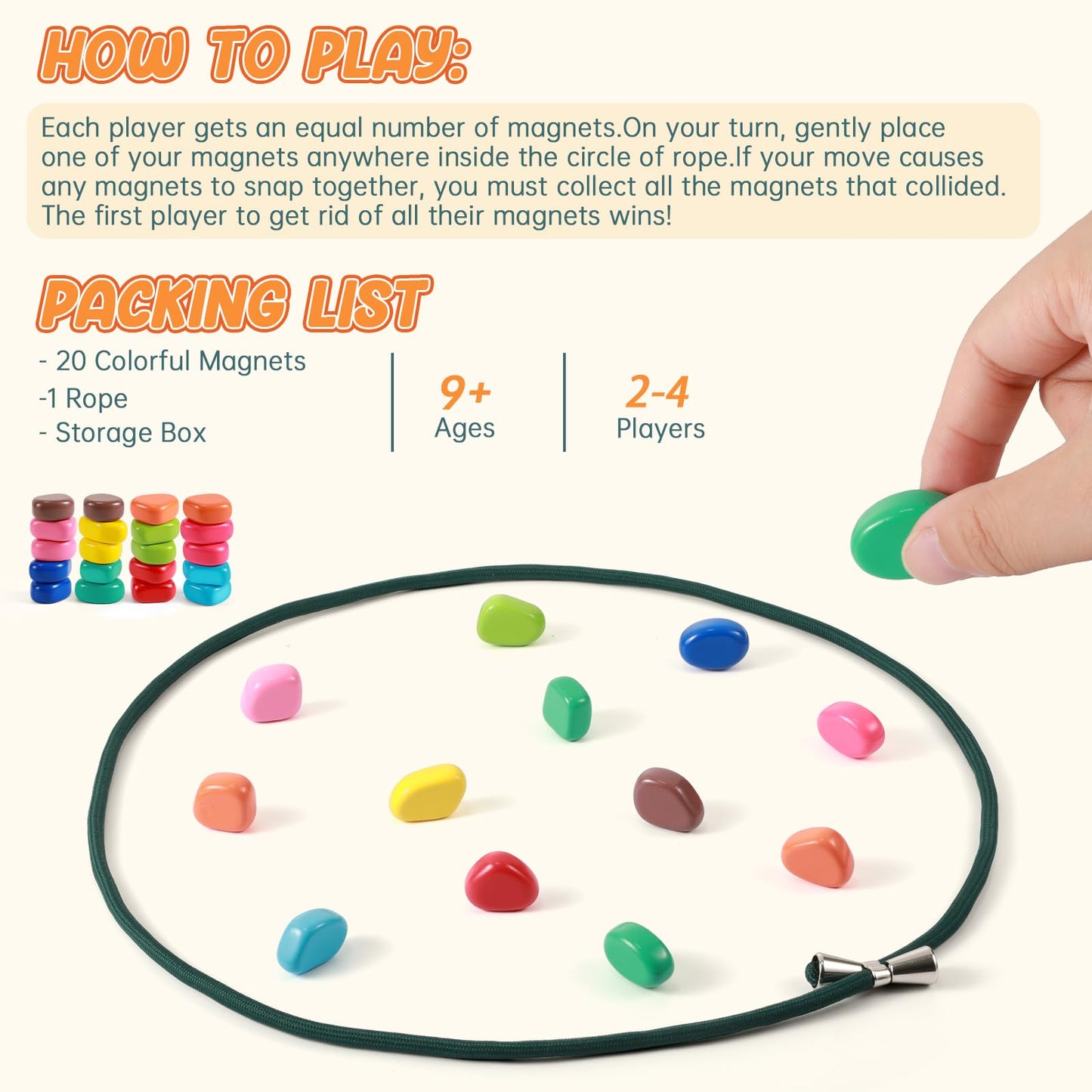ESENHARBER Magnet Game with String, 20 Colorful Magnet Stones for Family and Party, Magnetic Chess Game