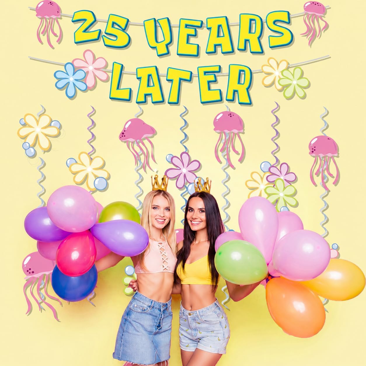 25 Years Later Birthday Banner Carton Banner Jelly Fish Hanging Swirls Garlands Sea Animals Hanging Banner for Birthday Party Decorations Supplies