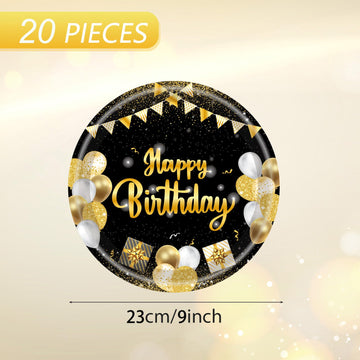 Cekivina 20Pcs Birthday Plates 9 Inch Large Paper Plates Black and Gold Party Tableware Dinner Plate Set, for Boys Girls Women Men Happy Birthday