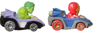 Hot Wheels RacerVerse Toy Cars 2-Pack Set of 2 Die-Cast Vehicles with Non-Removable Drivers of Their Own Cars: Hulk & Iron Man, Optimized for Track