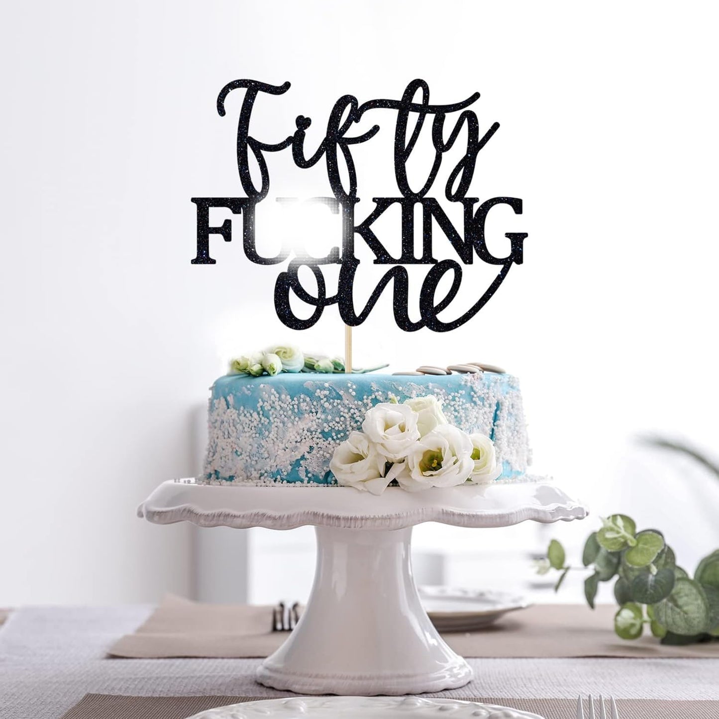Unoggsor Fifty Fucking One Cake Topper - Happy 51st Birthday Cake Decor - Cheers to 51 Years Birthday Party Decorations Supplies, Black Glitter