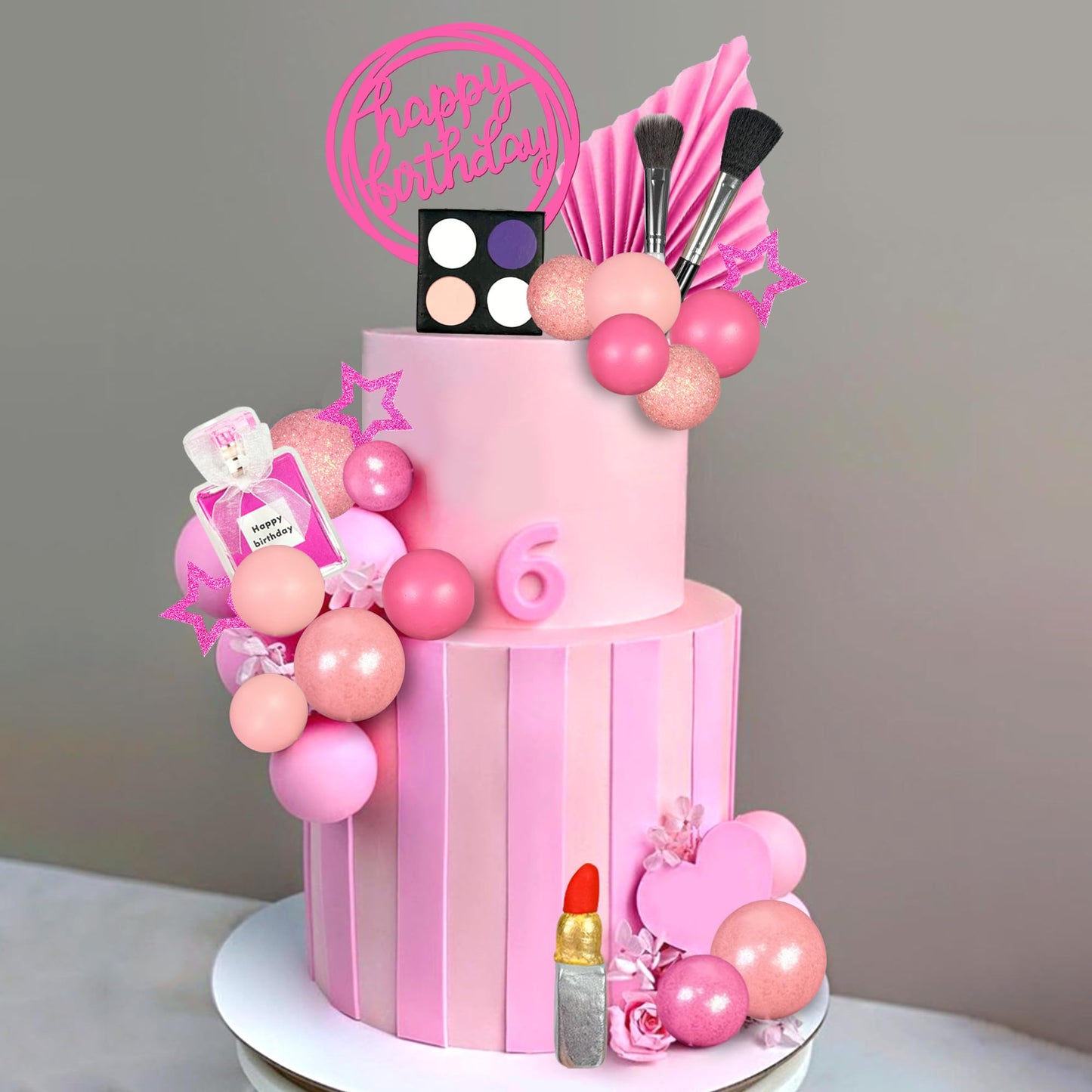 32 PCS Makeup Cake Topper Happy Birthday Cake Topper with Lipstick Eye Shadow Makeup Brush for Birthday (Hot pink)
