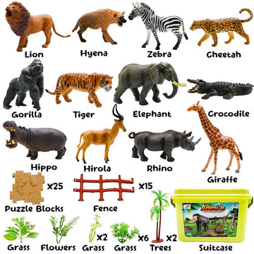 BOLZRA 65PCS Safari Animals Figures Toys, Realistic Plastic Jungle Zoo Wild Animals with Fence Building Blocks Storage Box Christmas Birthday Gift