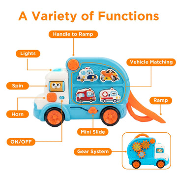 iPlay, iLearn Toddler Bus Toy W/ 3D Matching Puzzle & Car Slide, Baby Musical Push Go Car W/Sound, Montessori Learning Vehicle Match Game, Birthday