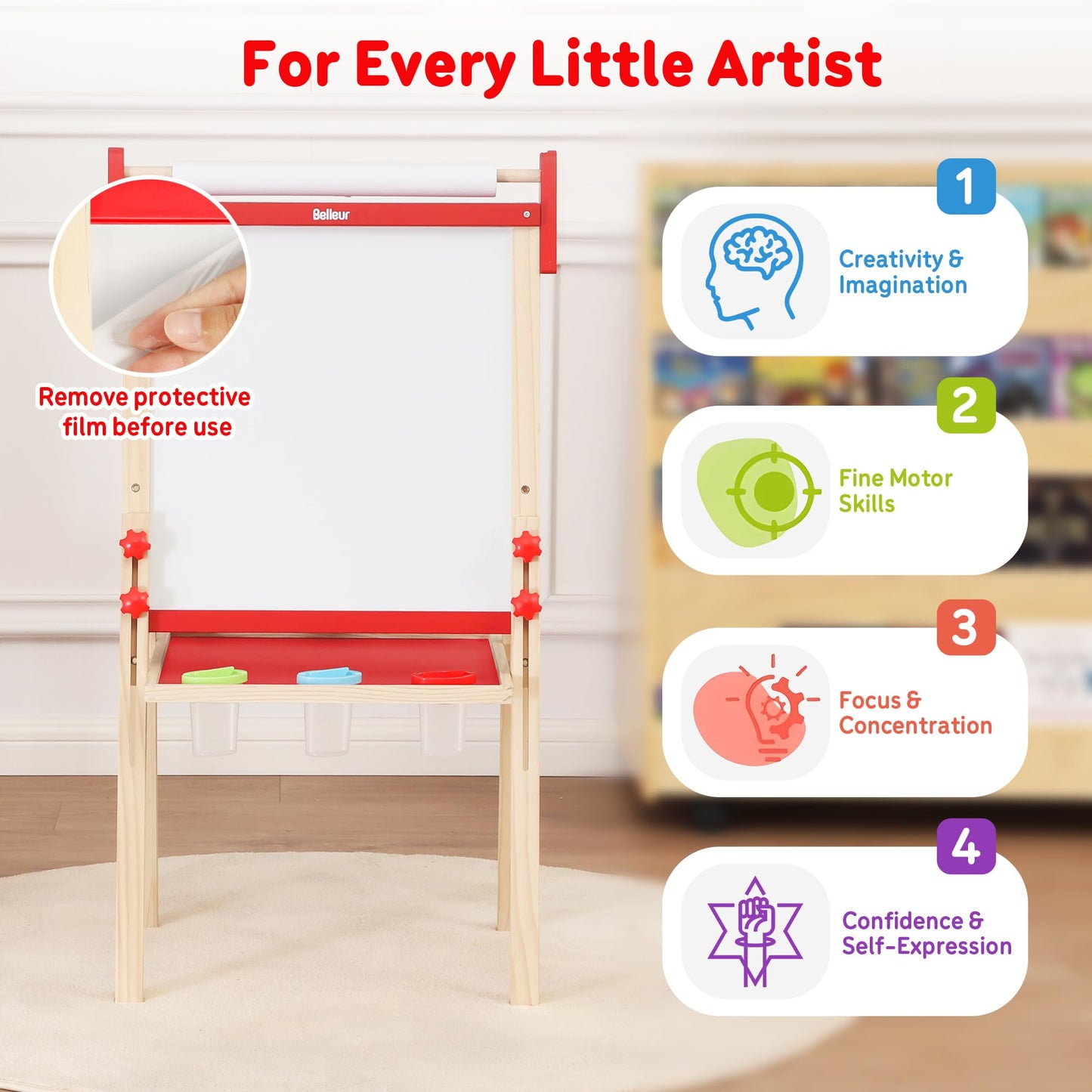 Belleur Wooden Art Easel for Kids 2+, Adjustable Double Sided Easel for Toddlers with Dry-Erase Board & Magnetic Whiteboard & Paper Roll Rod, 28"-40"