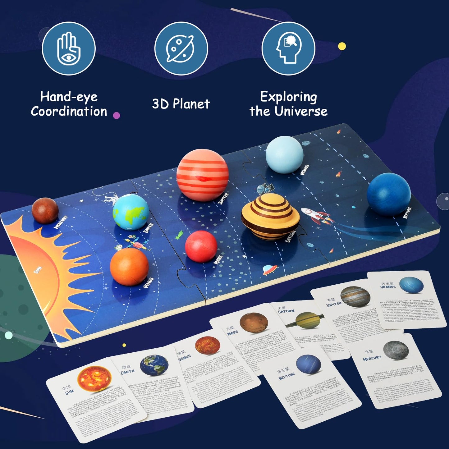 Wooden Solar System Model Board, Montessori Toys Planets Puzzle Science STEM Space Learning for Kids 4-8 with 3D Planets Models, Prechool Educational