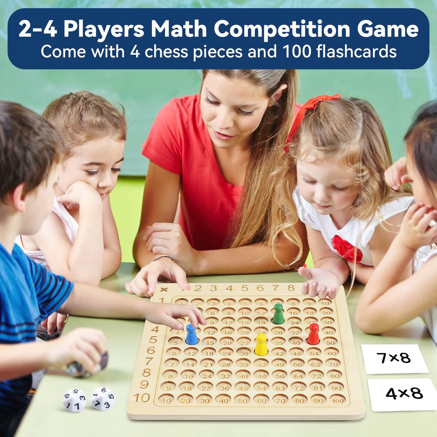 BAKAM Wooden Multiplication Board Math Game for Kids 8-12, Math Manipulatives Set with 100PCS Flash Cards for Kids 6-8 Years Old, Montessori Counting