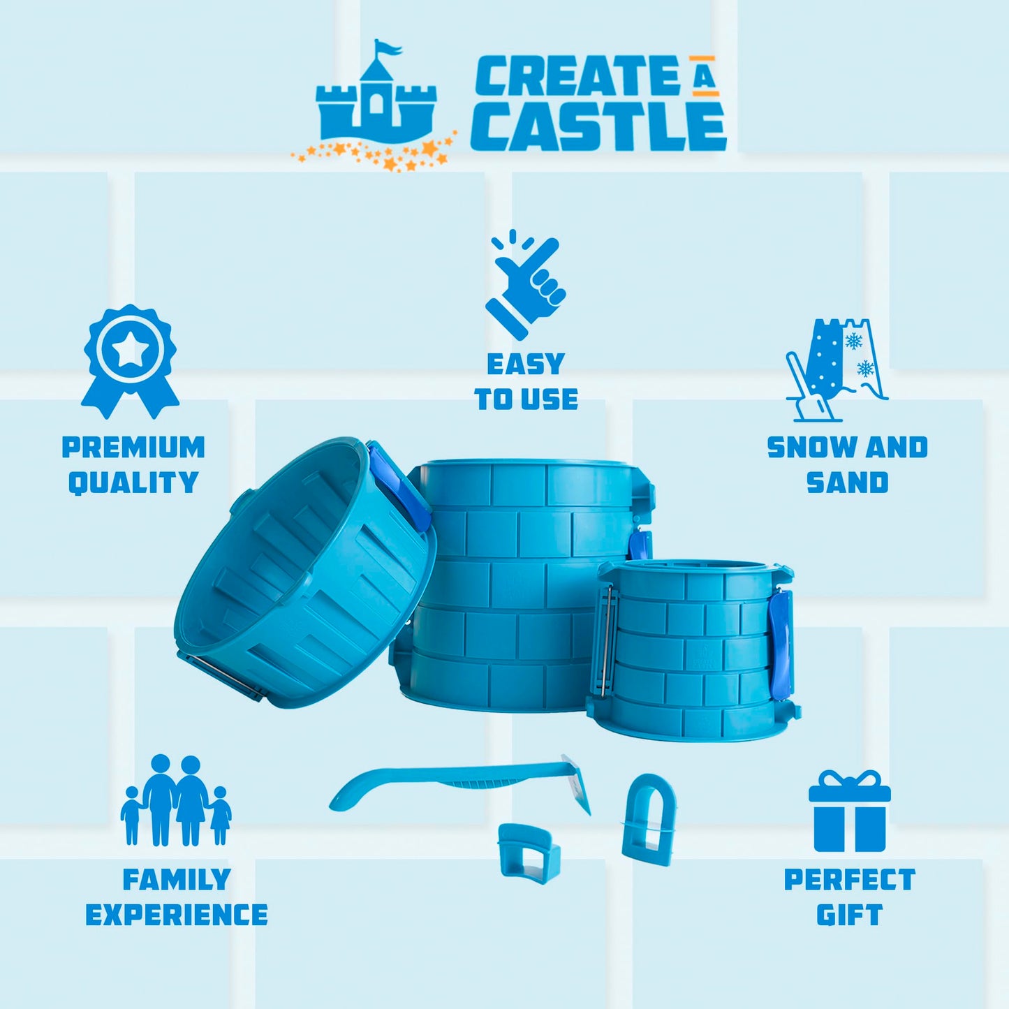 Create A Castle Sandcastle Kit as Seen on Shark Tank, 6 Piece Outdoor Beach Toy Set for Kids and Adults, Towers, Building Tools, Portable Mesh Storage
