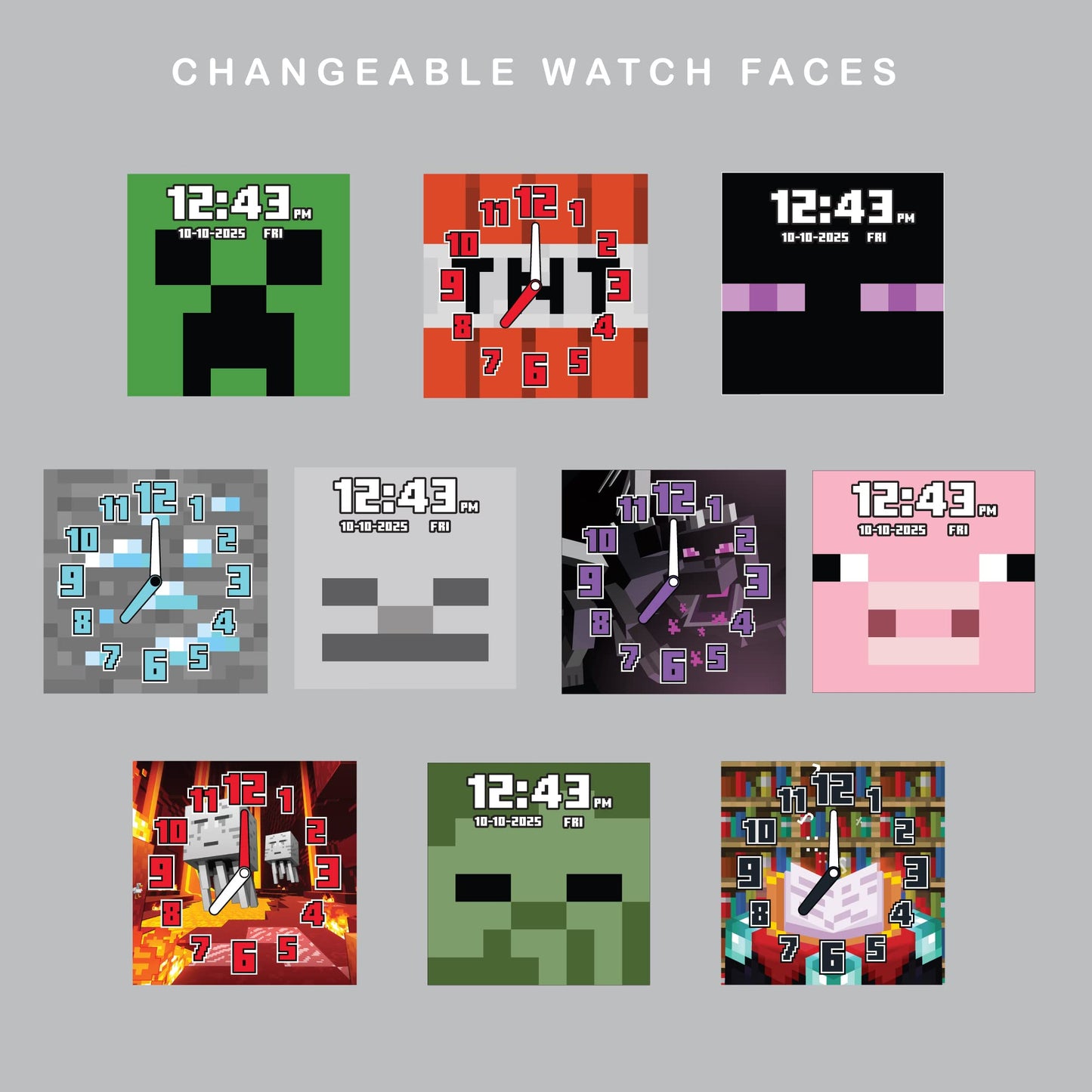Minecraft Kids LED Smartwatch Interactive Gaming-Themed Watch 10 Changeable Faces, Step Counter, Calculator, Games, Selfie Cam, Alarm & Timer, Printed