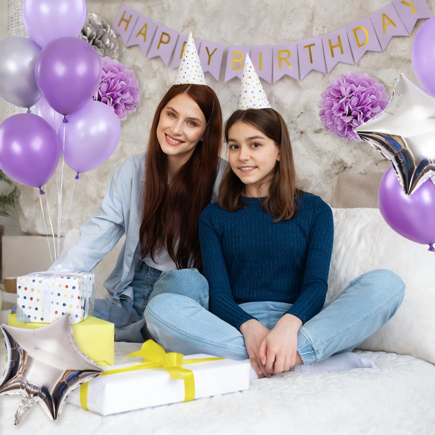 Purple and Silver Birthday Decorations for Women Lavender Party Decor Kit for Her Including Happy Birthday Banner Pompom Flower Foil Balloons Confetti