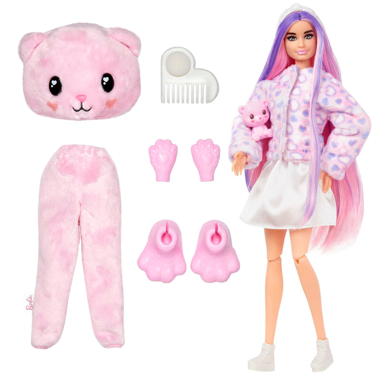 Barbie Cutie Reveal Doll with Pink Hair & Teddy Bear Costume, 10 Suprises Include Accessories & Pet (Styles May Vary)