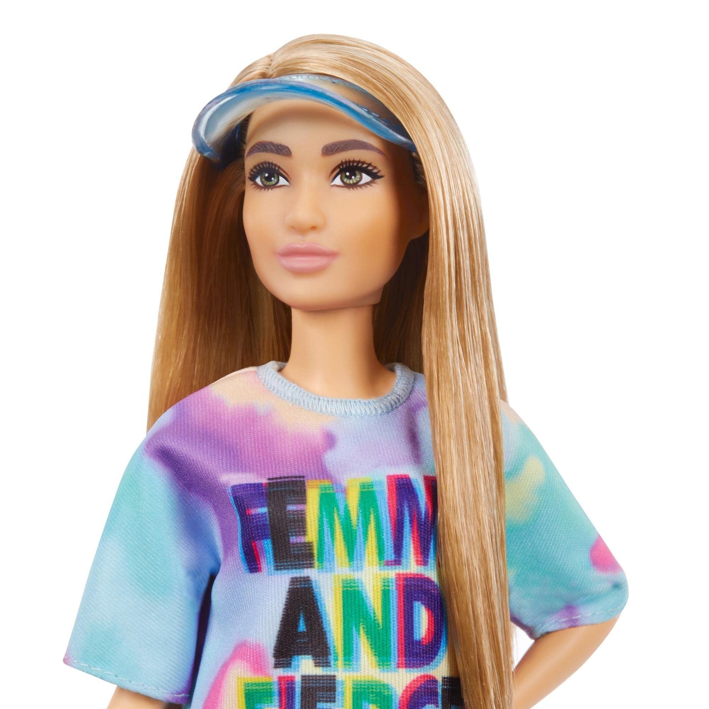 Barbie Fashionistas Doll, Petite, with Light Brown Hair Wearing Tie-Dye T-Shirt Dress, White Shoes & Visor, Toy for Kids 3 to 8 Years Old
