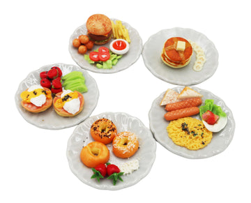 5 Pieces Burger, Egg Benedict,Omelet,Bagels and Pancake Dollhouse Miniatures Food Breakfast Miniatures Food Set On Ceramic Plate for Home Kitchen