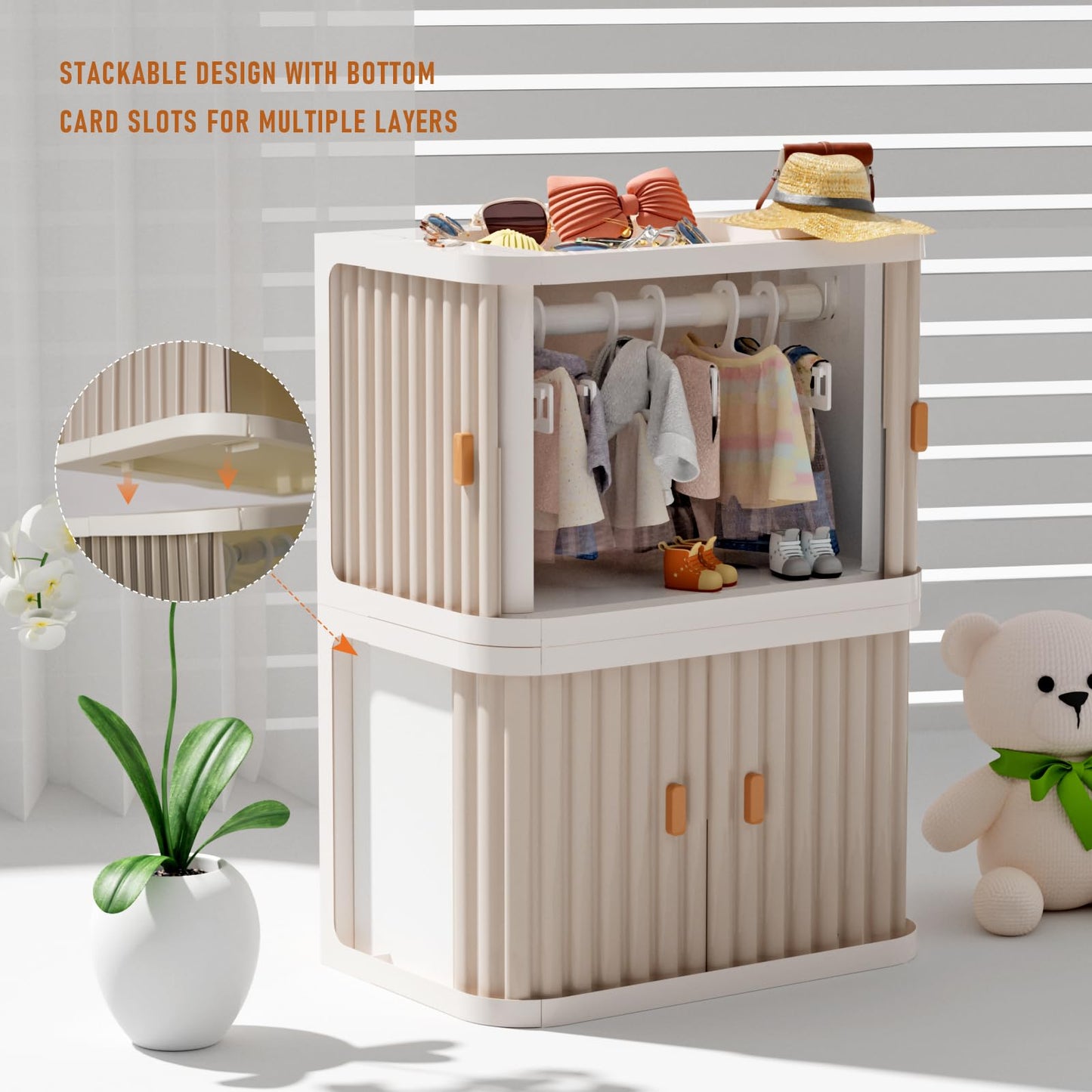Creproly Doll Wardrobe Storage Box, Foldable Doll Closet with 10 Hangers and Rod for 15/17cm Doll Clothes Stackable Organizer Cabinet