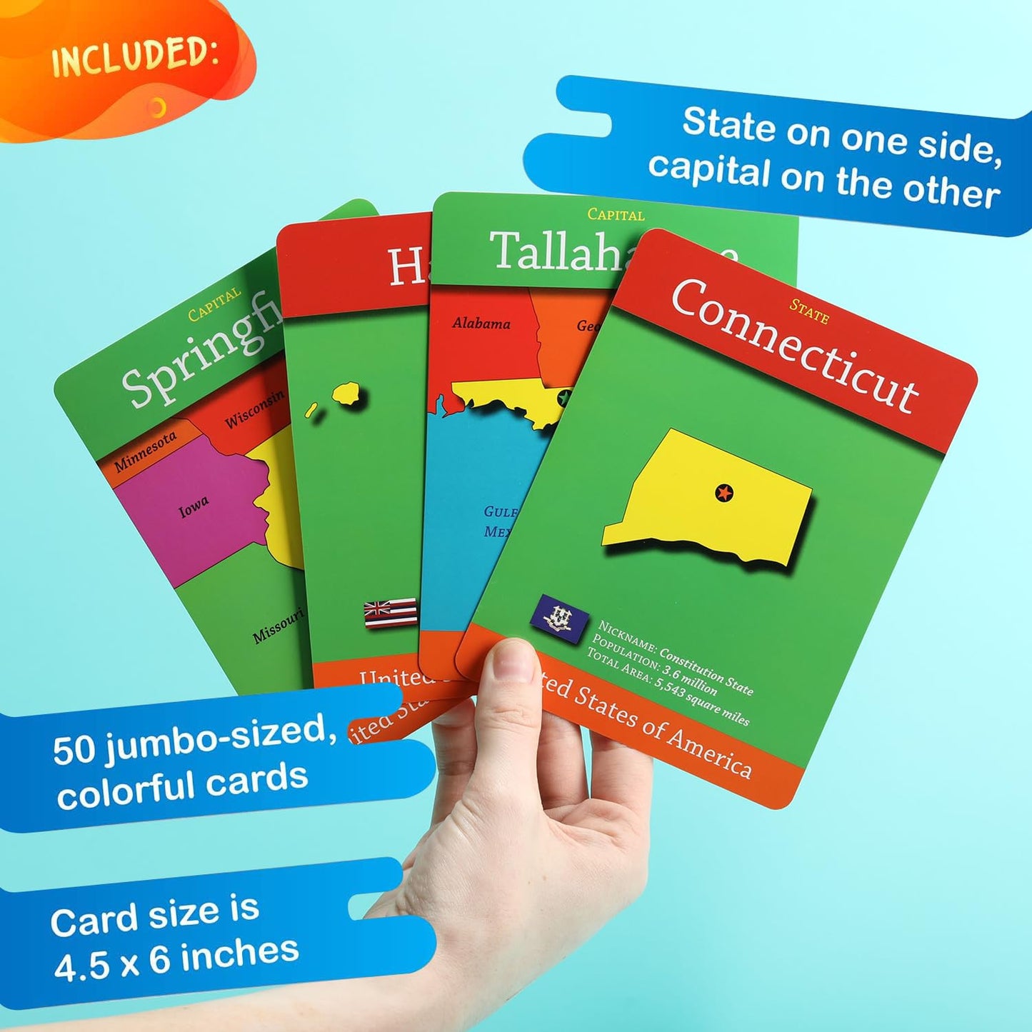 GeoCards USA Flashcards, States and Capitals, Geography Games for Ages 4+
