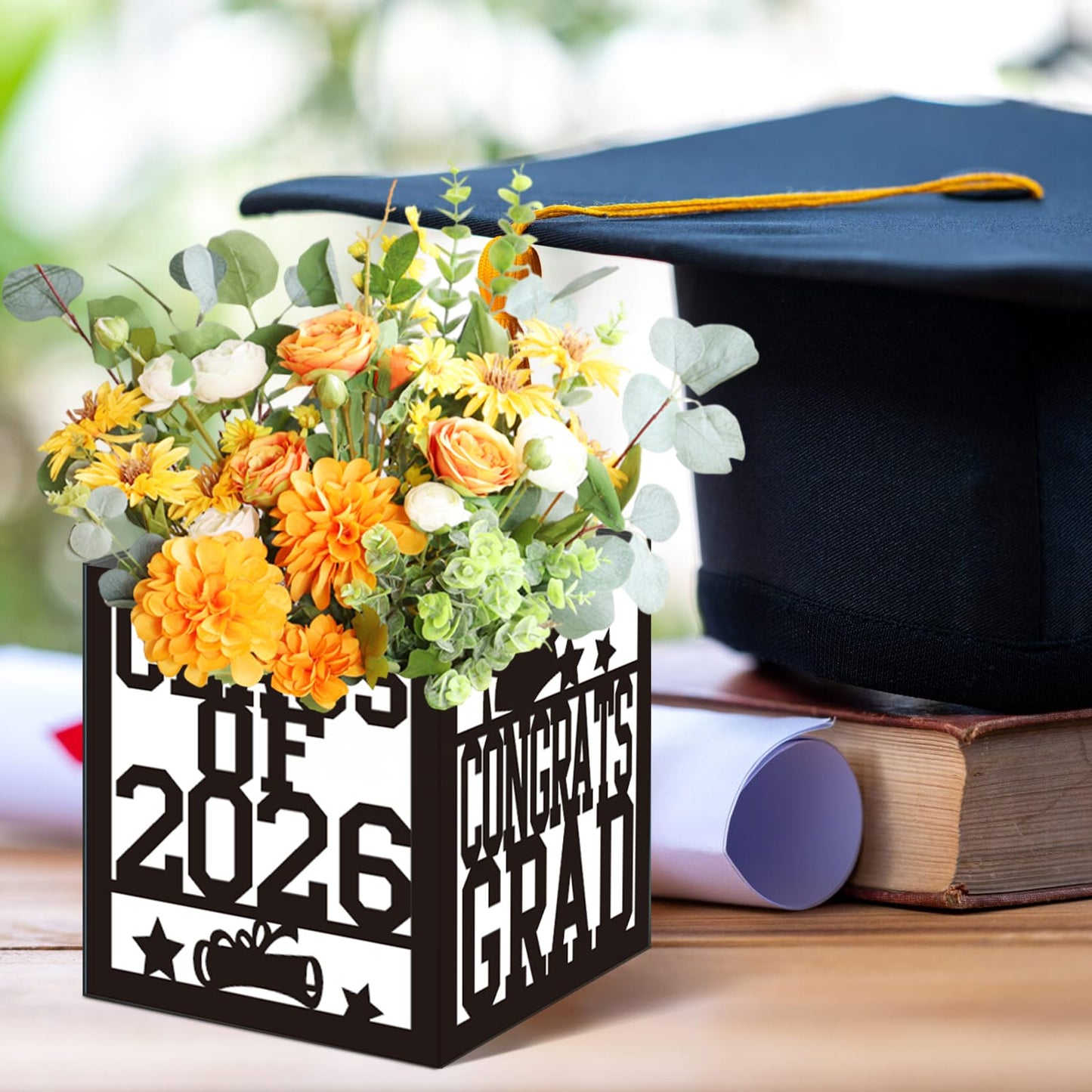 4 Pack 7x7x7.5 Inches Black and White Graduation Centerpiece Boxes with Laser-Cut 'Congrats Grad Class of 2026' Lettering, Perfect for Grad Party