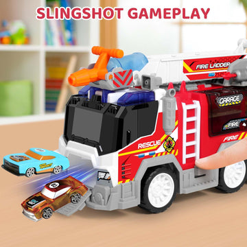 Big Fire Trucks for Toddlers 3 4 5 6 7 with 2PCS Ejecting Race Cars 18-Inch Ladder Lights Sprinkler Pump & Water Shooting Big Emergency Vehicle