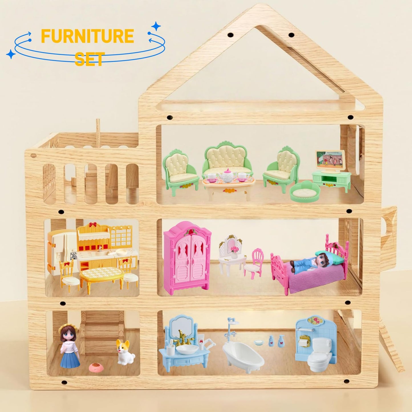 Princess Dollhouse Furniture Set, 48 Piece Luxury Miniature Accessories Collection with Living Room, Bathroom, Bedroom?Kitchen, TV Entertainment Set
