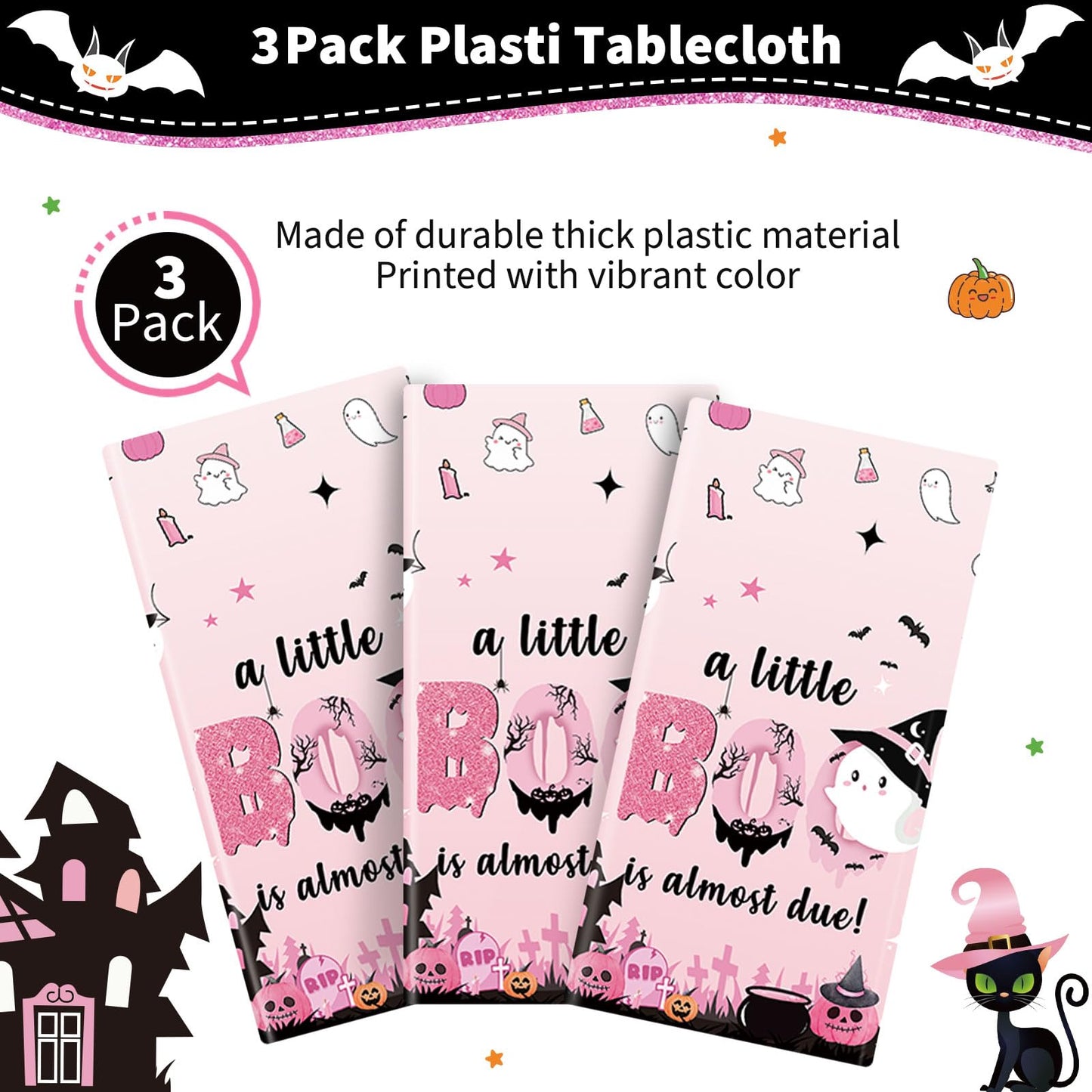 Yavxzvbw 3Pcs A Little Boo is Almost Due Decorations Pink Halloween Tablecloth Little Boo Baby Shower Decorations Girl for Halloween Baby Shower