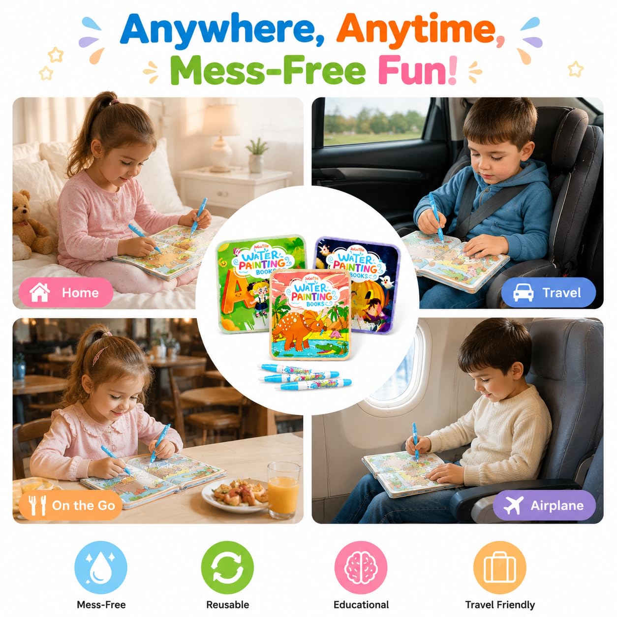 JuluTile 3 Pack Water Coloring Books for Toddlers 3-5, Mess-Free Reusable Water Reveal Activity Books with Pens, Travel Toys & Educational Learning