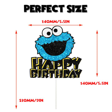 Cookie Monster Happy Birthday Cake Topper - Blue Glitter Happy Birthday - Birthday Party Cartoon Decorations Supplies - Cake Decoration for Girls or