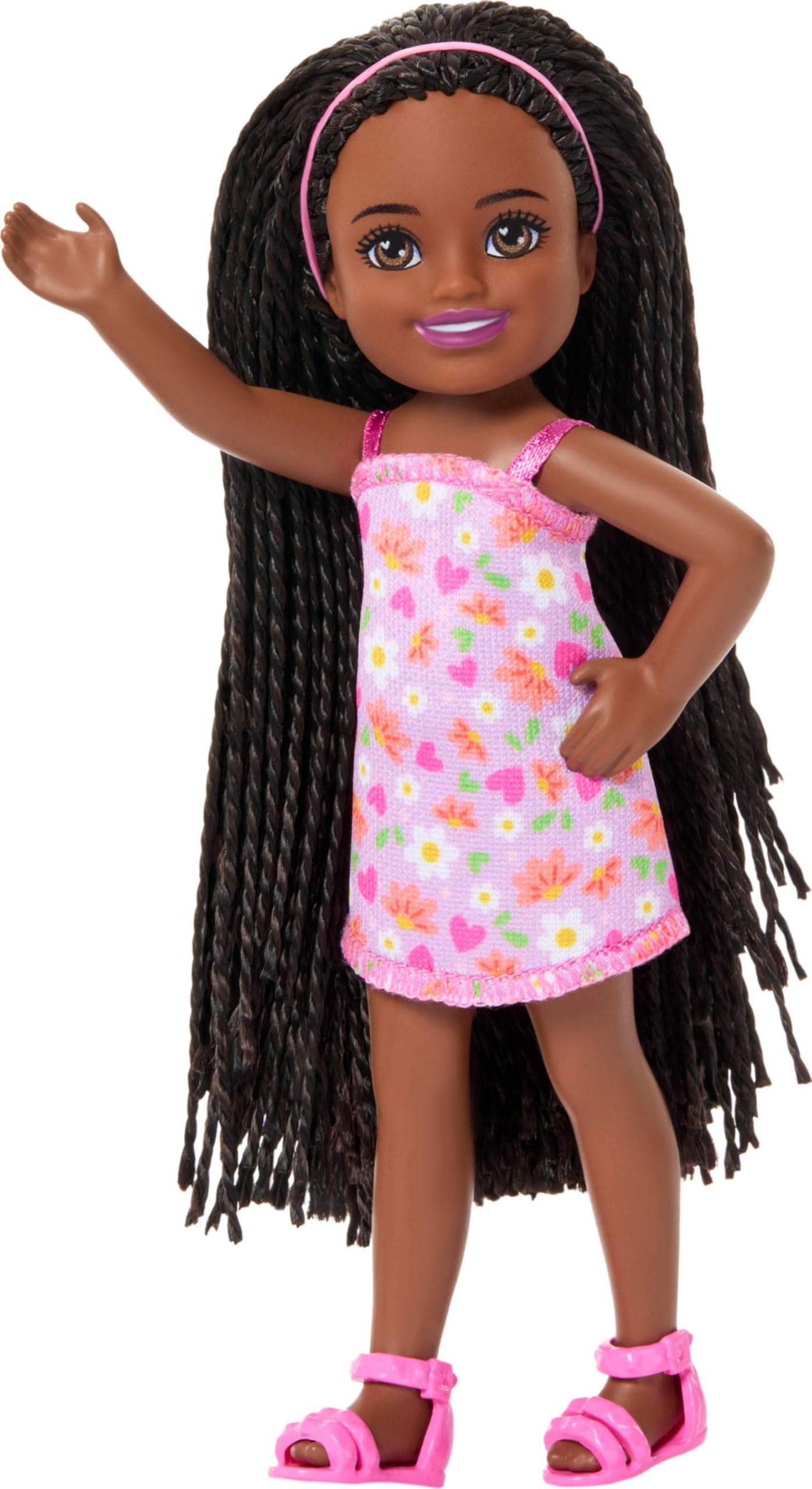 Barbie Club Chelsea Small Doll, 6-Inch Ari with Braided Hair Wearing Removable Flower-Print Dress & Pink Sandals