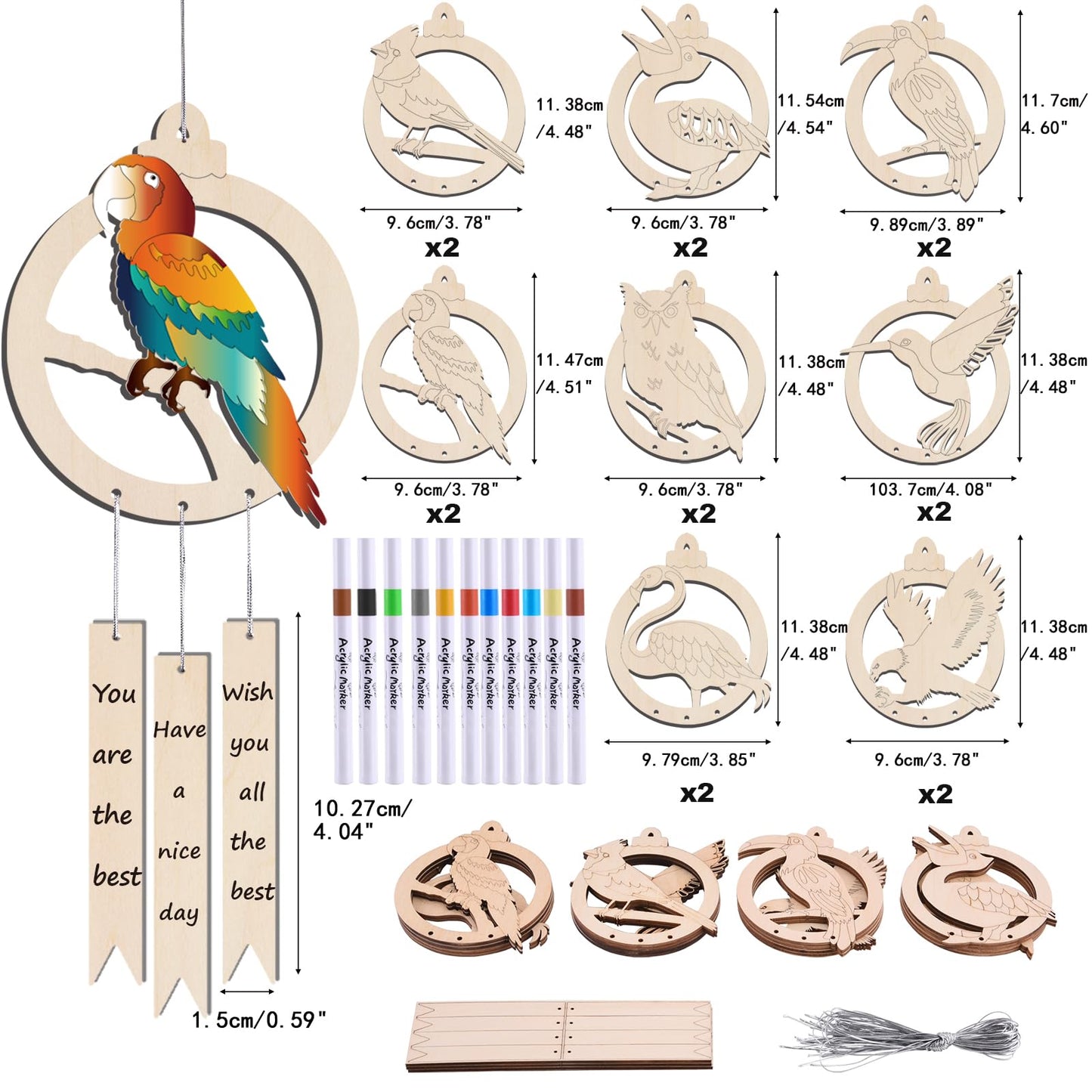 SIRPERICE 16 Pcs Wood Birds Wind Chime Kit, Make You Own Wind Chimes Hanging Ornament DIY Painting Art Craft, Blank Wood Arts and Crafts Kit