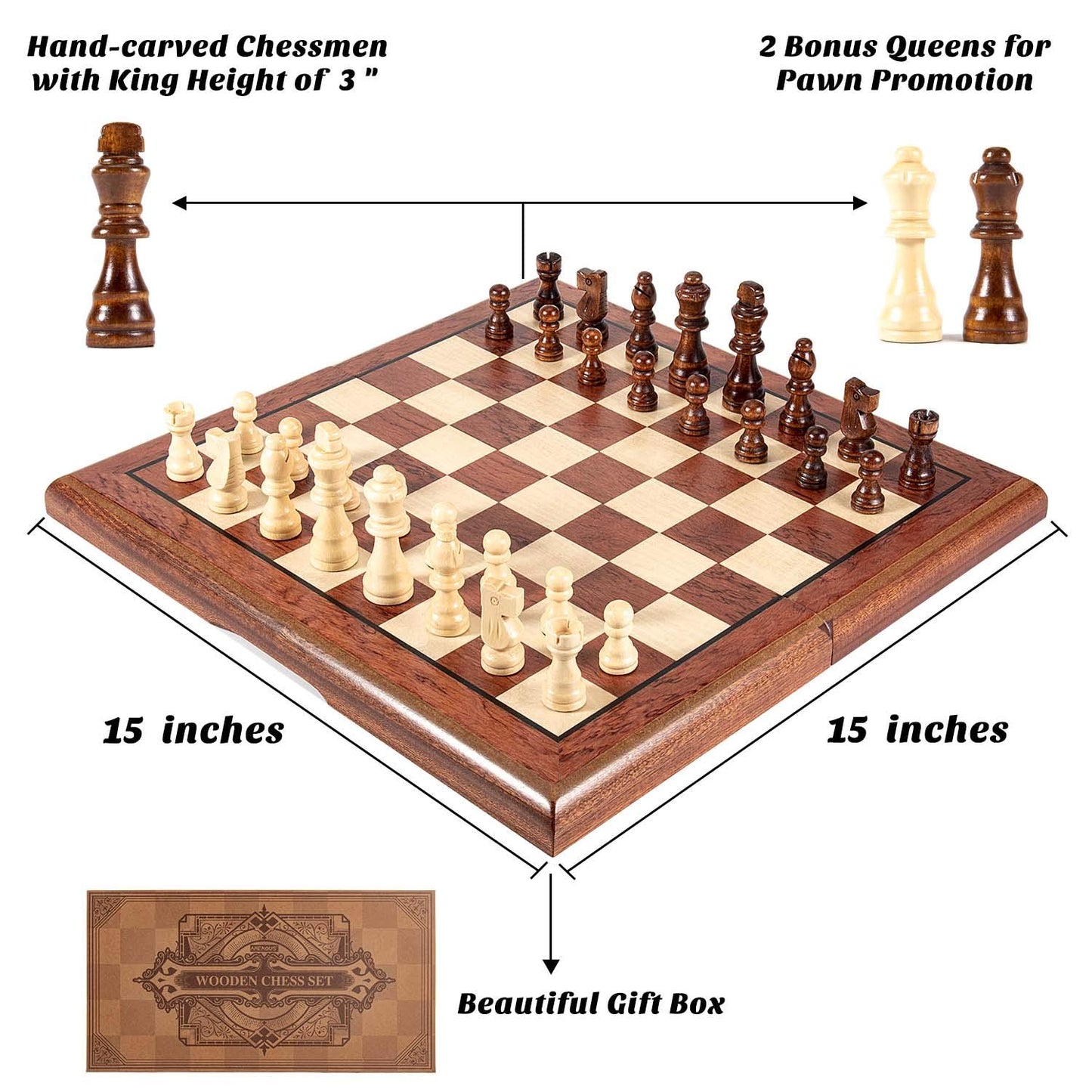 AMEROUS 15'' Magnetic Wooden Chess Set -Folding Board -2 Extra Queens -Chessmen Storage Slots -Gift Package, Travel Chess Board Game Sets for Kids