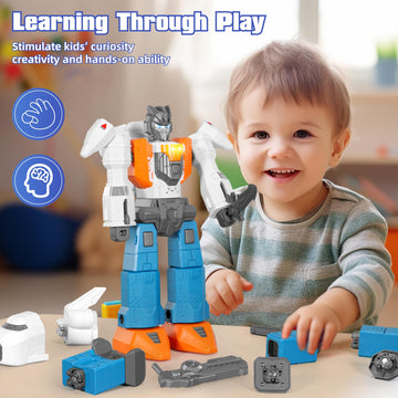 MIEBELY Magnetic Transform Robot Toy, 3 in 1 Large STEM Construction Transforming Toy for Toddlers, Kids Action Figure Robot for Boy and Girls