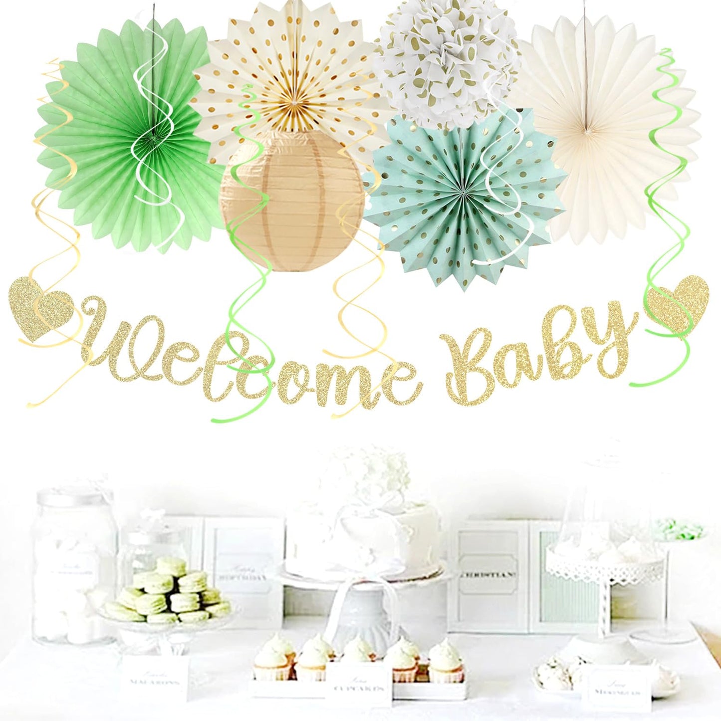Sage-Green Champagne-Beige Baby Shower Party-Decorations - 21pcs Girls Boy Welcome Baby Banner,Paper Lanterns Pom Poms,Safari Woodland Boho Neutral