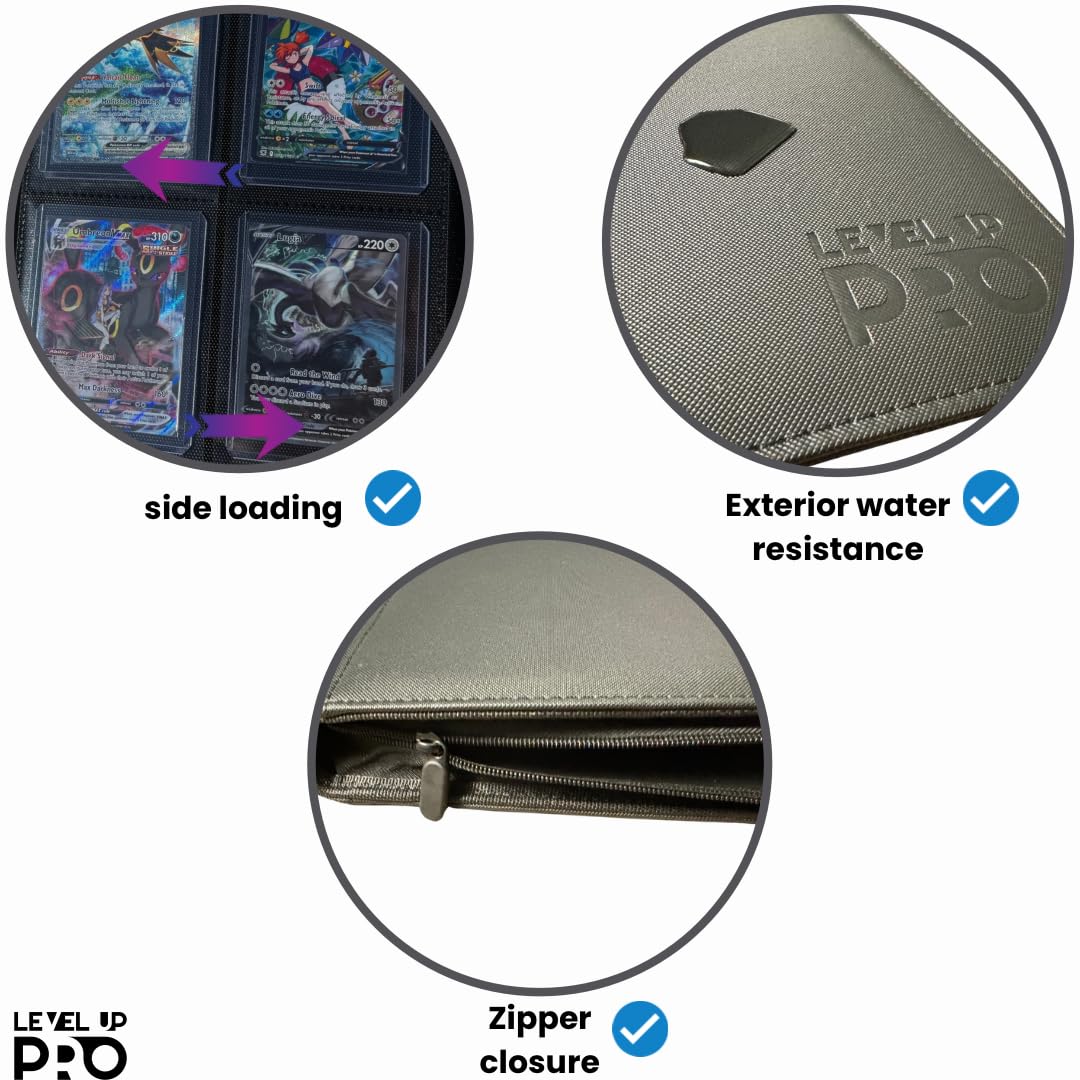 Toploader Binder for 112 Top Loaders - 4 Pocket Trading Card Case - Pokemon, MTG, Sport Cards - Zip Binder - Level Up Pro (Matte Black)