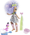 Mattel Cave Club Bashley Doll (8 10-inch, Lavender Hair) Poseable Prehistoric Fashion Doll with Dinosaur Pet and Accessories, Gift for 4 Year Olds and