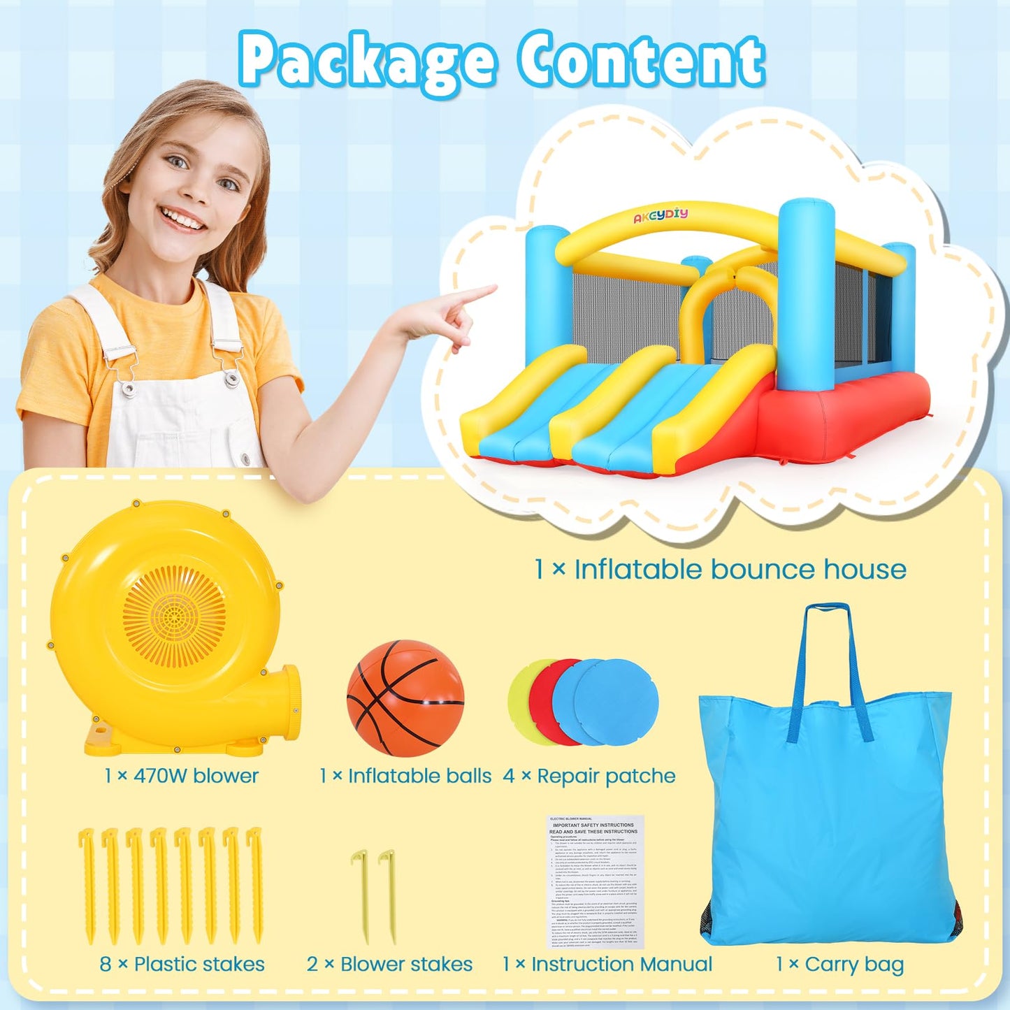 Kids Bounce House, Inflatable Bounce Castle with Blower for Kids 3-6 Big 3-10 Kids, Blow Up Jumping Bouncer with Slide, Obstacles, Trampoline