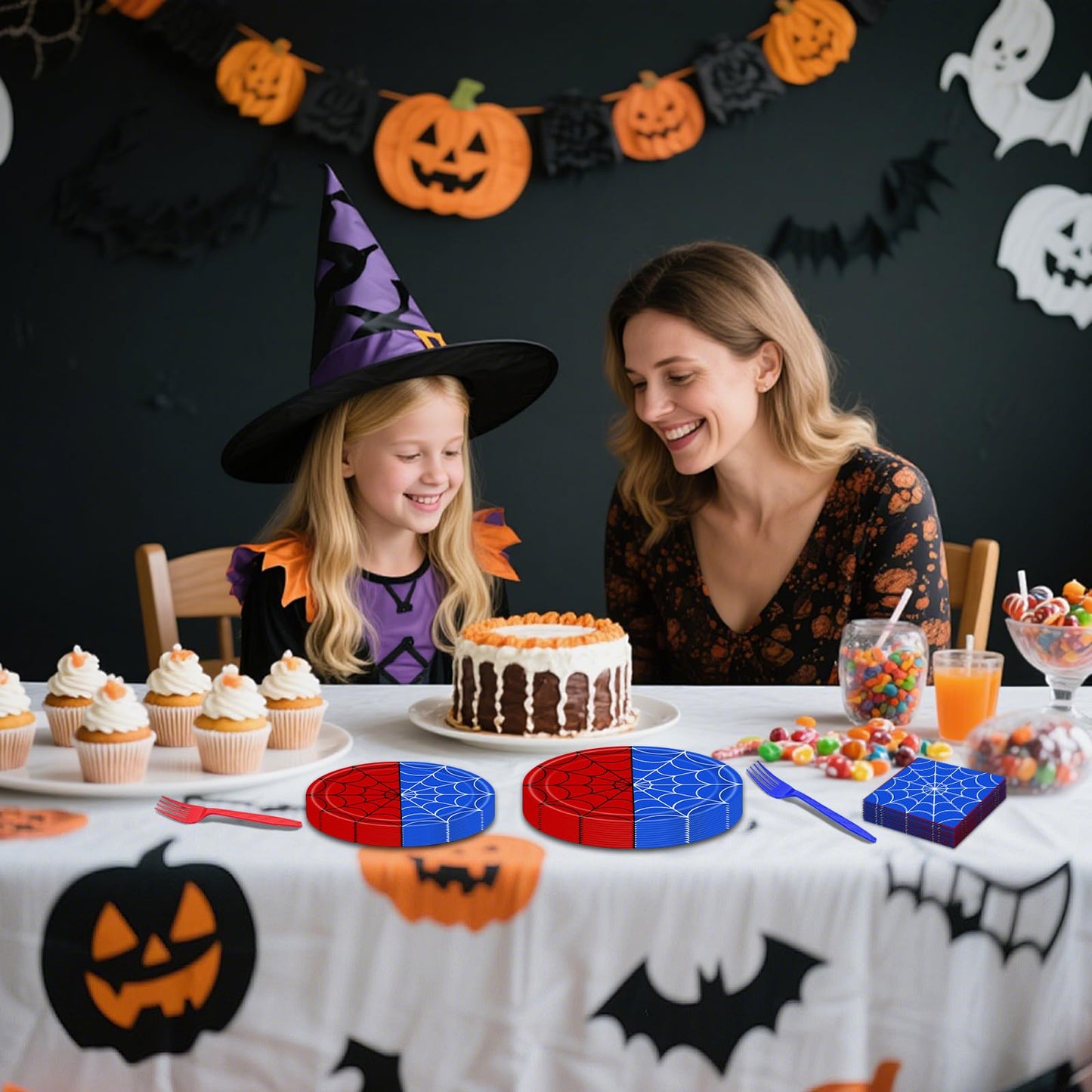 100 Pieces Halloween Spider Web Party Tableware Set - Red Blue Web Plates, Napkins and Forks, Disposable Dinnerware for Boys Birthday and Halloween