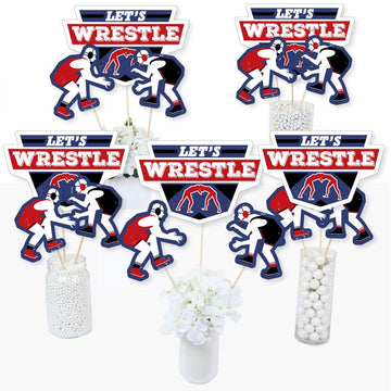 Big Dot of Happiness Own the Mat - Wrestling - Birthday Party or Wrestler Party Centerpiece Sticks - Table Toppers - Set of 15