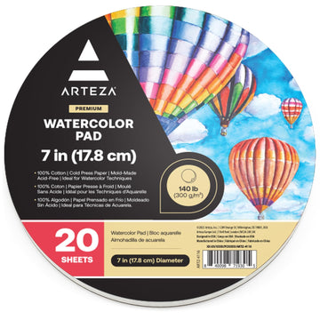 ARTEZA Watercolor Paper, 20 Sheets, 7 Inch Diameter Round Paper Pads, 140lb/300gsm, 100% Cotton, Cold Press, Acid Free Art Paper