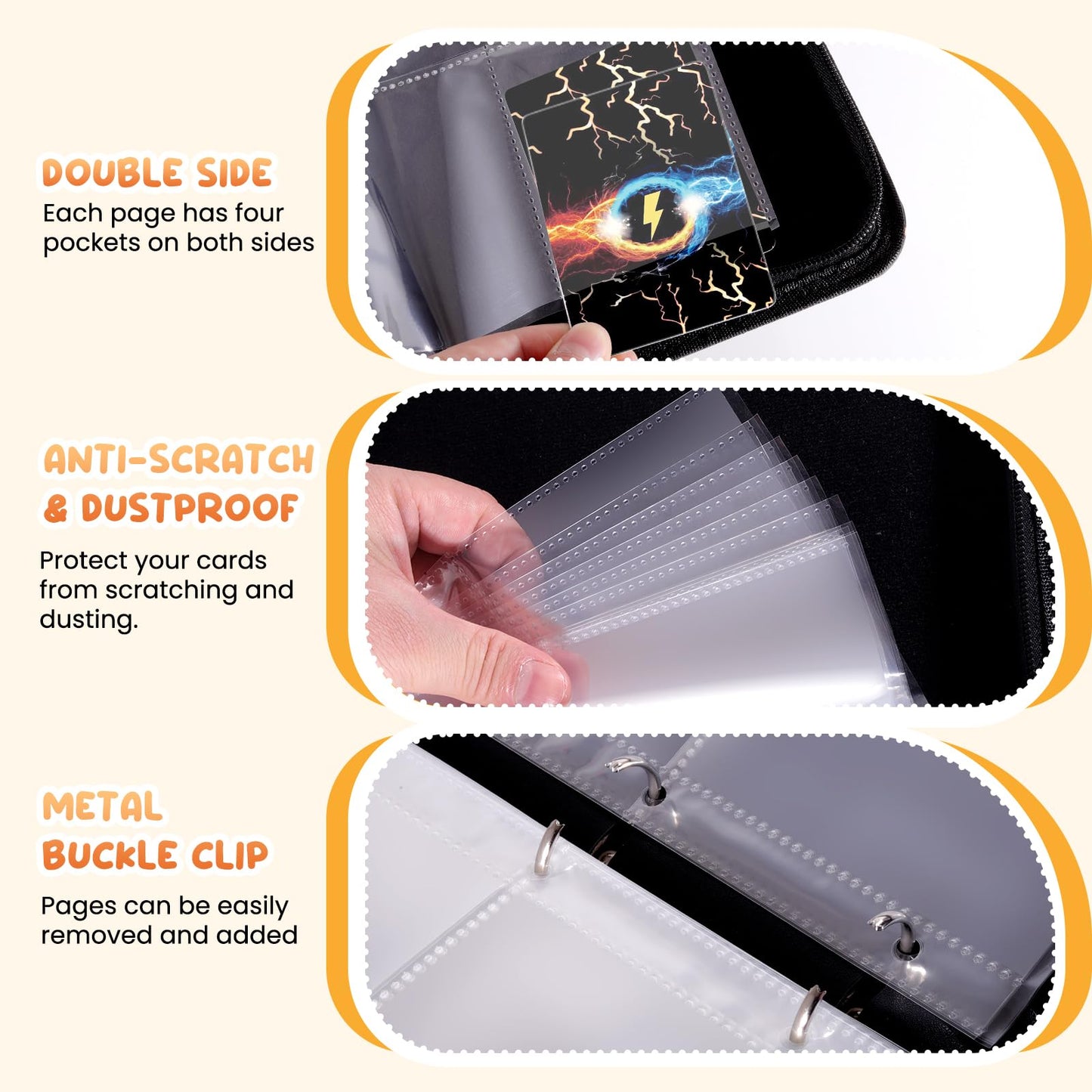 4-Pocket Trading Card Binder Bundle with 50 Sleeves Holds 400 Cards, Zipper Card Holder Album for Game and Sports Cards Collectors - Black
