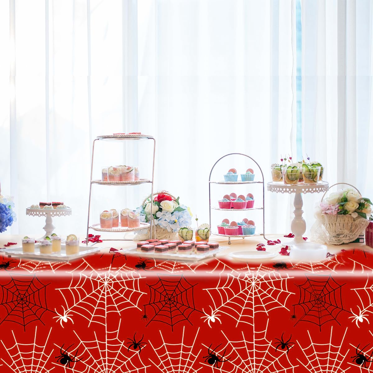 YTHKJS 2Pcs Red Spiderweb Party Tablecloth|70.8 x 42.5 Inch| Spiderweb Birthday Party Supplies (Red)