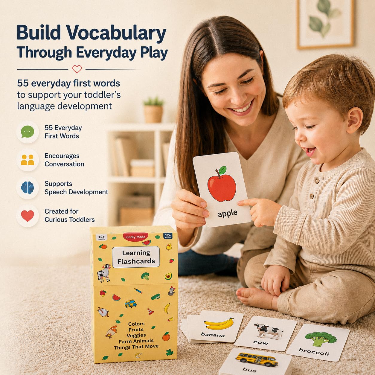 Flash Cards for Toddlers 1-3 - 55 Thick & Durable Learning Flashcards, First Words, Real-Life Images, Montessori Toy 12+ Months