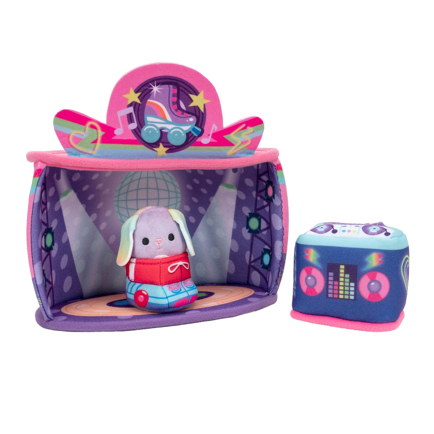 Squishville by Original Squishmallows Rock and Roller Disco Playset - Includes 2-Inch Danya The Bunny Plush, Roller Skates, DJ Booth, and Skating Rink