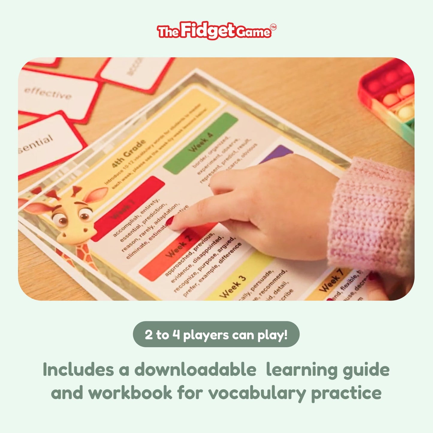 The Fidget Game Vocabulary Words, Flash Card Game, Grade 4-6, Ages 9-12