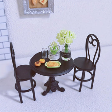 1:12 Miniature Dining Table and Chairs Set, Set of 3 Dollhouse Furniture, Decoration in Miniature (Black)