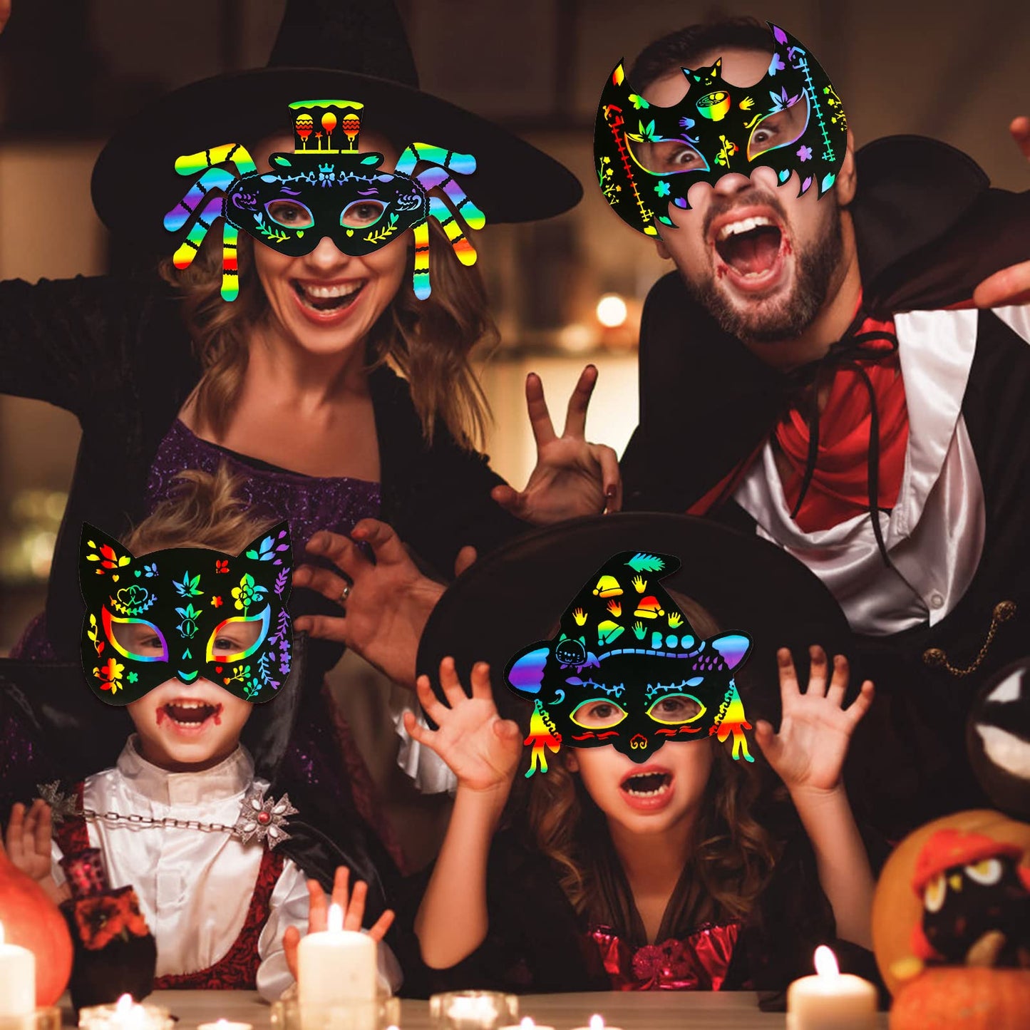 MGparty 24PCS Halloween Scratch Masks Craft Kit Rainbow Magic Scratch Paper Art for Kids Classroom Activities Birthday Party Favors School Art DIY